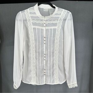 Vintage 90’s Women’s Sml White Stag Sheer White Lace Blouse Cottagecore Coquette